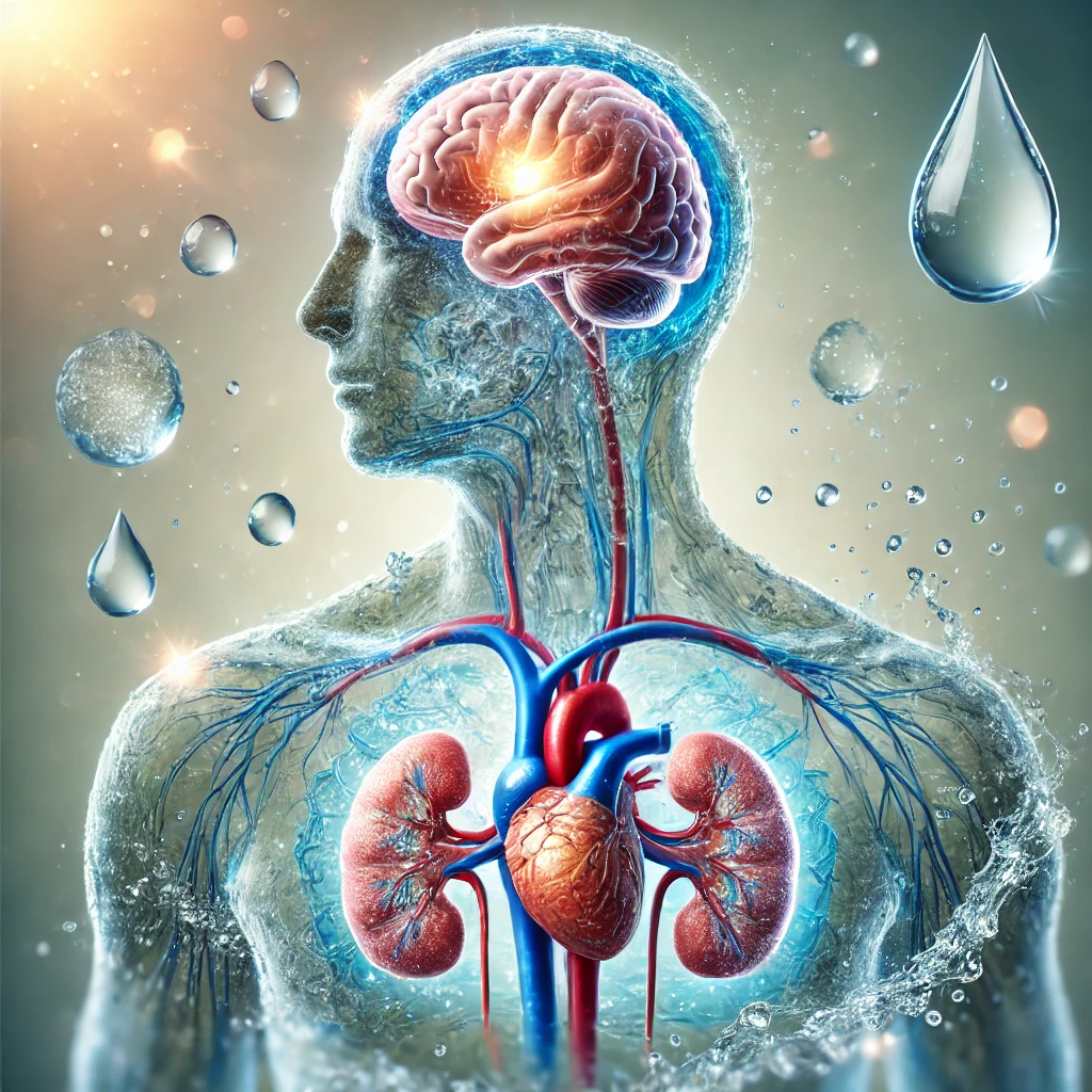 Illustration zur Bedeutung von Wasser im menschlichen Körper, zeigt eine transparente Silhouette mit hervorgehobenen Organen und Wasserfluss.