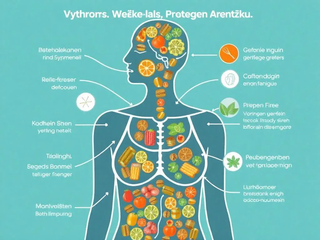 Grafik mit den häufigsten Symptomen und Ursachen eines Vitaminmangels, wie Müdigkeit, Immunschwäche und Hautproblemen