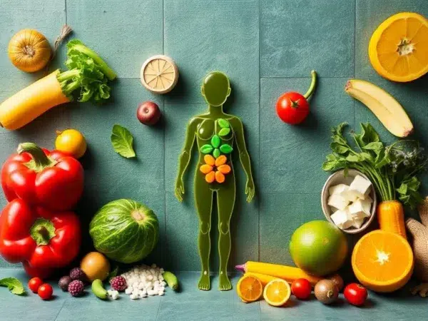 Darstellung eines menschlichen Körpers in grün mit symbolisierten Vitaminen, umgeben von frischem Obst und Gemüse wie Paprika, Tomate, Orange und Wassermelone, auf einem türkisfarbenen Hintergrund.