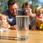 Ein Glas klares Wasser mit frischen Wassertropfen, das die essenzielle Rolle von Wasser für die Gesundheit symbolisiert.