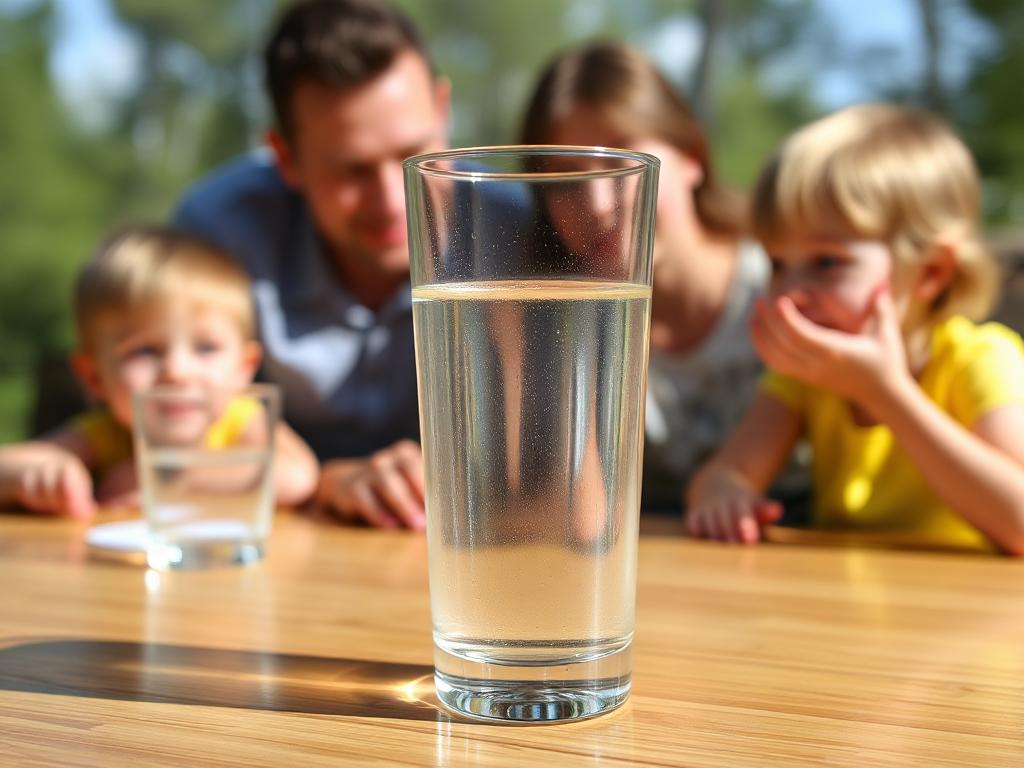 Ein Glas klares Wasser mit frischen Wassertropfen, das die essenzielle Rolle von Wasser für die Gesundheit symbolisiert.