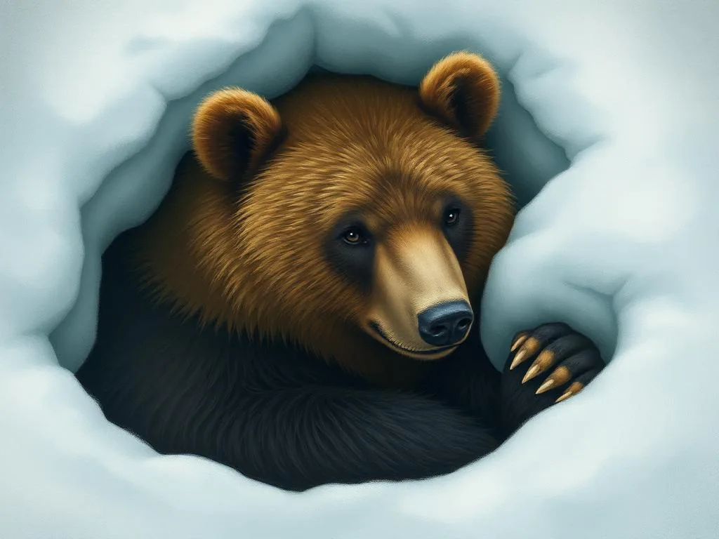 Ein Bär schaut aus einer Schneehöhle, in der er seinen Winterschlaf hält. Sein Fell ist dicht und warm, während er in der Schneedecke eingebettet ist.