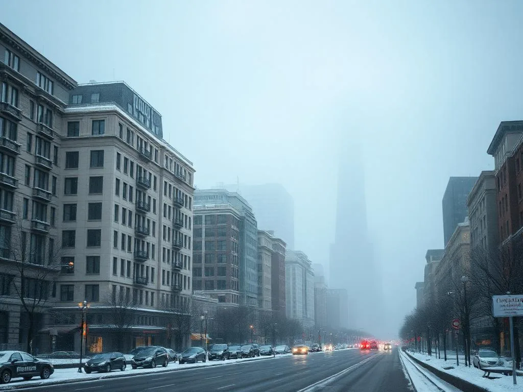 Eine winterliche Stadtansicht mit schneebedeckten Straßen und Gebäuden, durchzogen von Nebel und trüber Atmosphäre. Autos fahren auf der Straße, während die Skyline teilweise in den Nebel gehüllt ist.