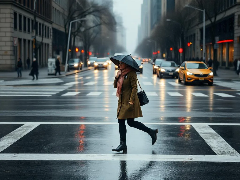 Eine Frau mit einem Regenschirm überquert eine regennasse Straße in der Stadt. Sie trägt einen Mantel und Schal, während Autos und Gebäude im Hintergrund eine typische urbane Winter- oder Herbstszene darstellen
