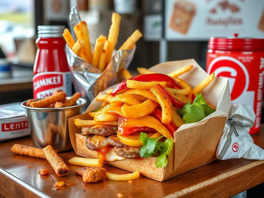 Ein appetitlich angerichteter Burger mit geschmolzenem Käse, Pommes Frites und Beilagen, serviert auf einem Holztisch. Im Hintergrund befinden sich eine Flasche Ketchup, weitere Pommes und Snack-Beilagen.
