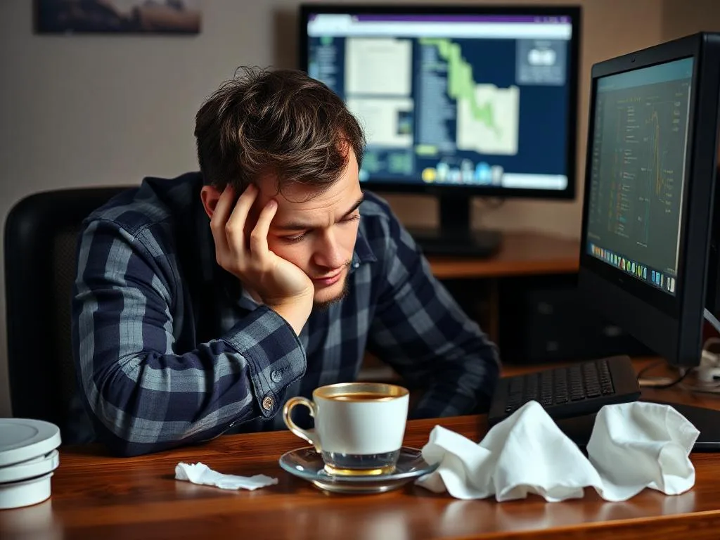 Ein müder Mann sitzt erschöpft an seinem Schreibtisch, gestützt auf eine Hand, mit einer Tasse Kaffee und Taschentüchern neben ihm. Im Hintergrund sind Computermonitore zu sehen.
