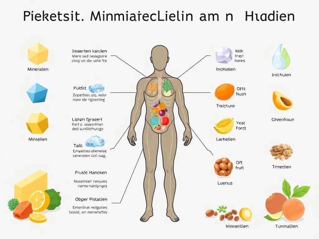 Eine schematische Darstellung eines menschlichen Körpers, in dem verschiedene Vitamine und Nahrungsmittel dargestellt werden, die auf die jeweiligen Organe und Körperteile hinweisen, in denen sie eine Rolle spielen. Farbenfrohe Obst- und Gemüsesymbole repräsentieren die Vitaminquellen, und es gibt Textbeschriftungen mit erklärenden Begriffen. Die Beschriftungen sind in einer künstlerischen, aber unklaren Sprache verfasst.