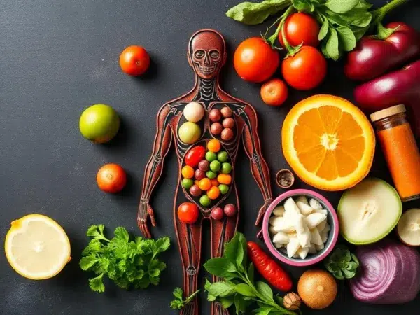 Darstellung eines menschlichen Körpers mit symbolisierten Vitaminen, umgeben von frischem Obst und Gemüse wie Tomaten, Orangen und Kräutern auf einem dunklen Hintergrund.
