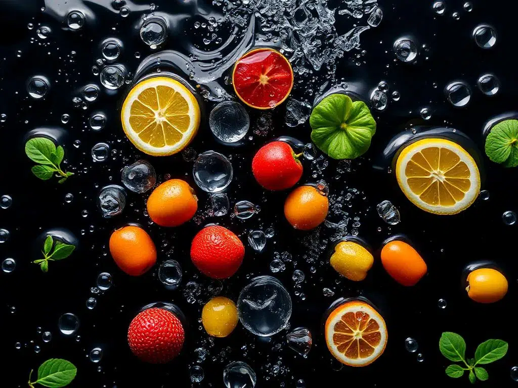 Frisches Obst wie Zitronen, Orangen, Kirschen, Erdbeeren und Kumquats, arrangiert auf einer glänzenden schwarzen Oberfläche mit Wassertropfen und Eiswürfeln. Frische grüne Minzblätter ergänzen die Komposition, die Vitalität und Frische vermittelt.